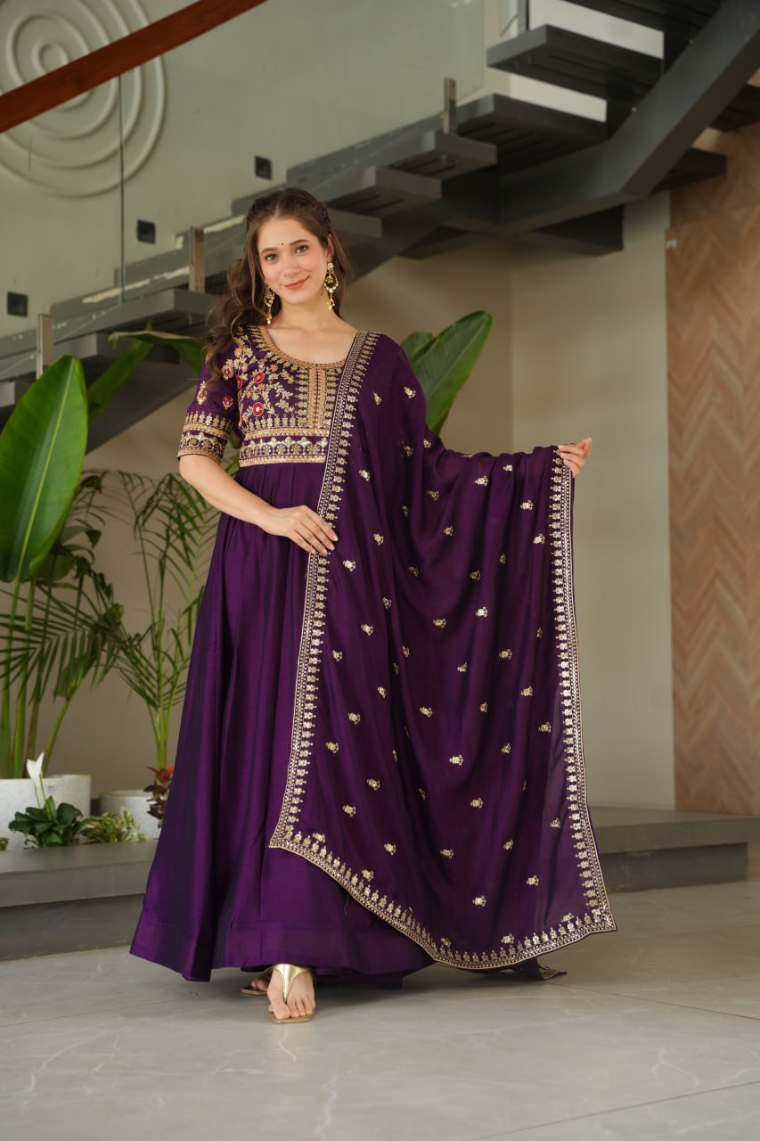 Vichitra Silk With Sequins-Multi & Zari Embroidered Work Gown