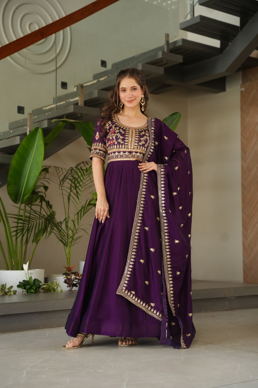 Vichitra Silk With Sequins-Multi & Zari Embroidered Work Gown