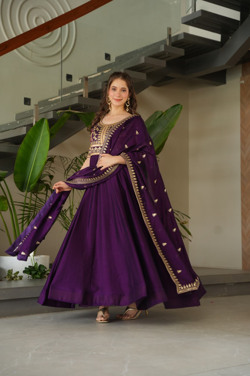 Vichitra Silk With Sequins-Multi & Zari Embroidered Work Gown