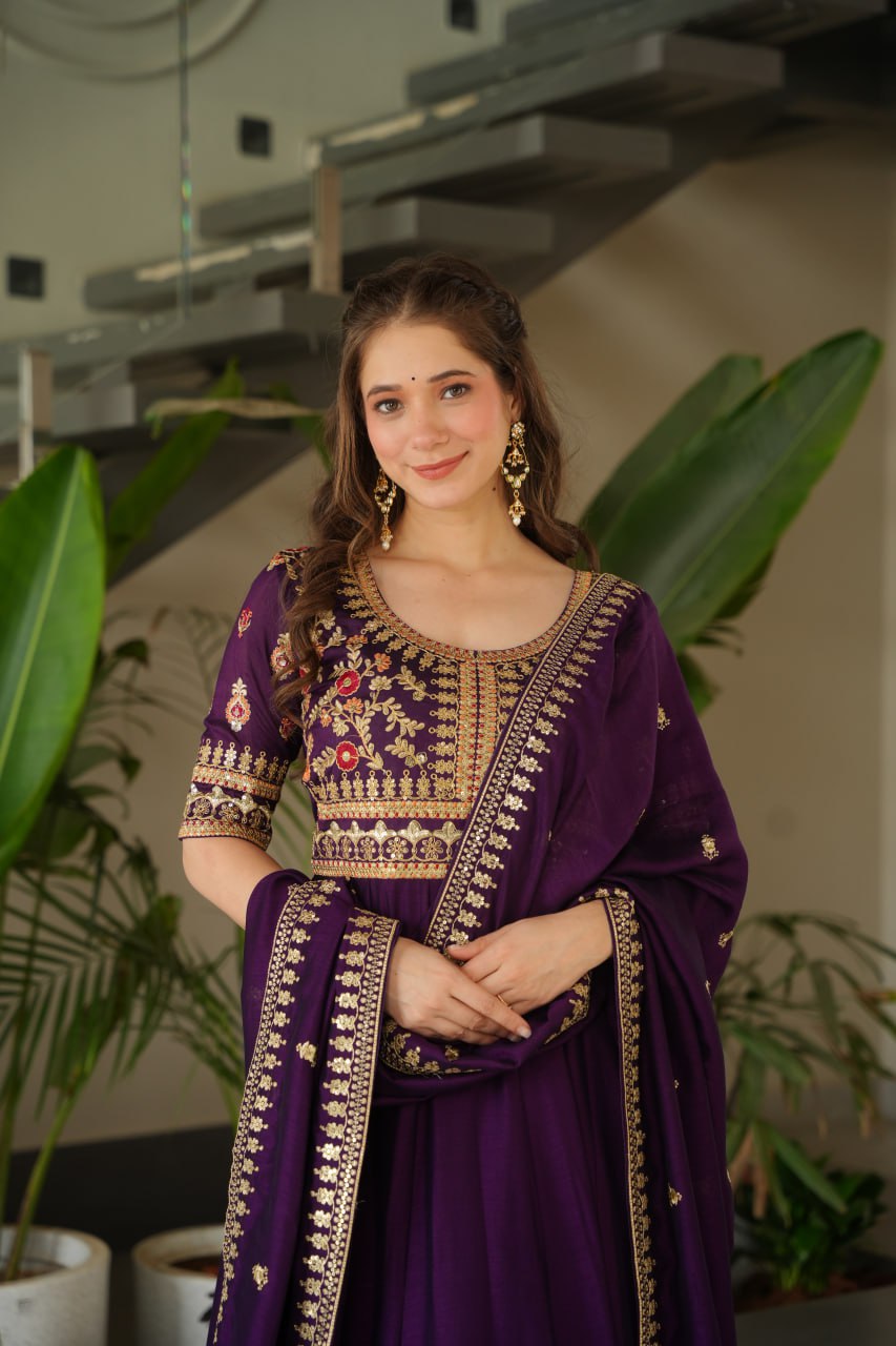 Vichitra Silk With Sequins-Multi & Zari Embroidered Work Gown