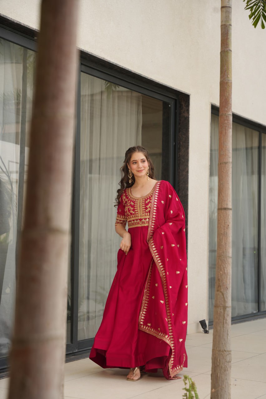 Vichitra Silk With Sequins-Multi & Zari Embroidered Work Gown