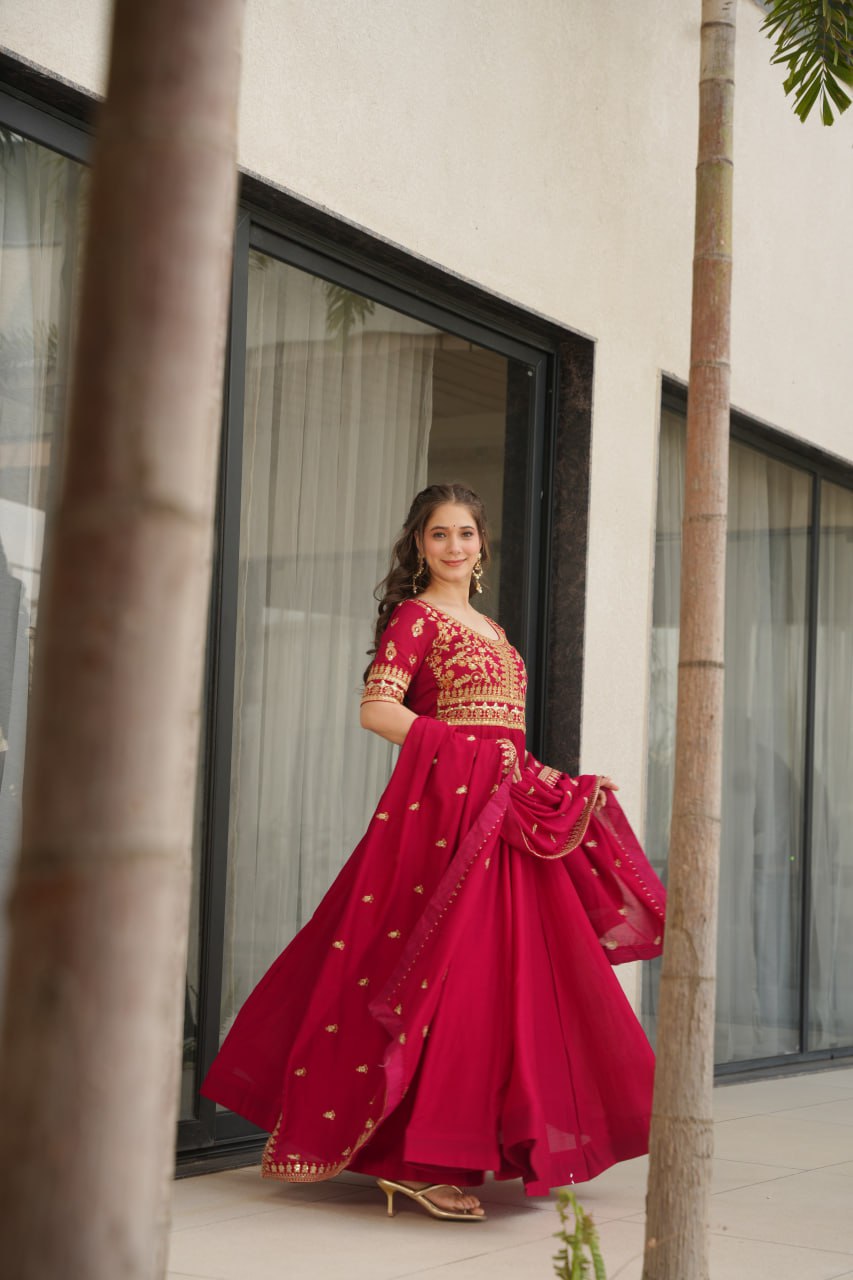 Vichitra Silk With Sequins-Multi & Zari Embroidered Work Gown