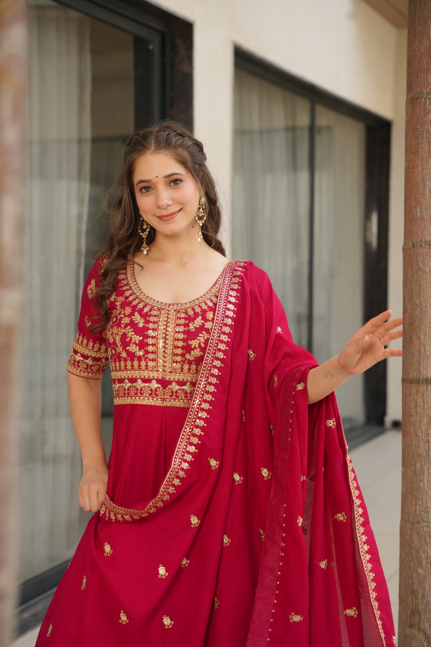 Vichitra Silk With Sequins-Multi & Zari Embroidered Work Gown
