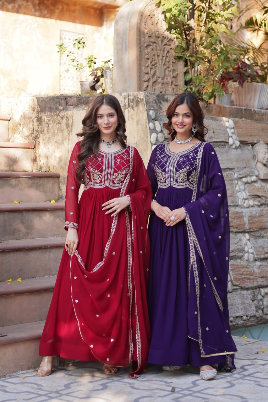 Faux Blooming Gown with Sequins-Multi And Beads Embroidered Work