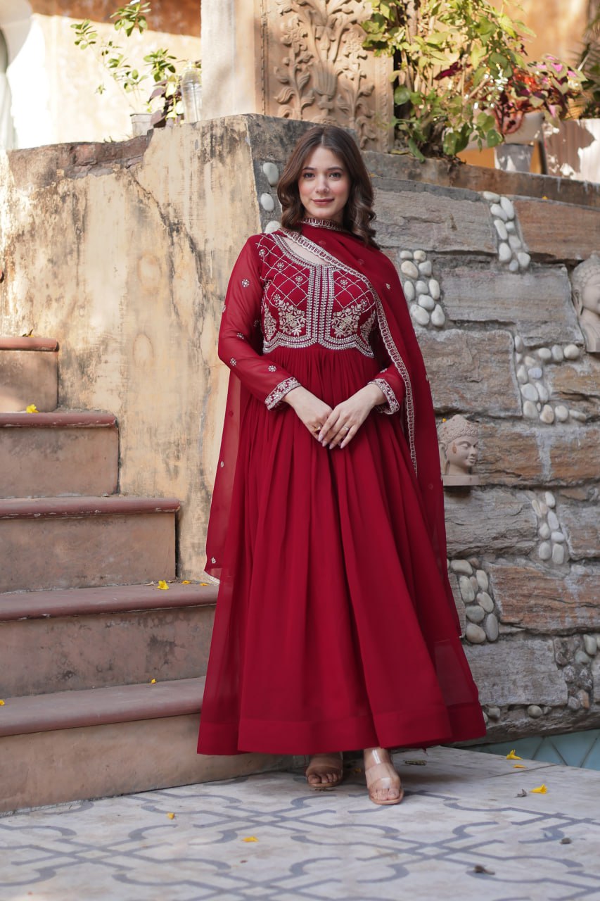 Faux Blooming Gown with Sequins-Multi And Beads Embroidered Work