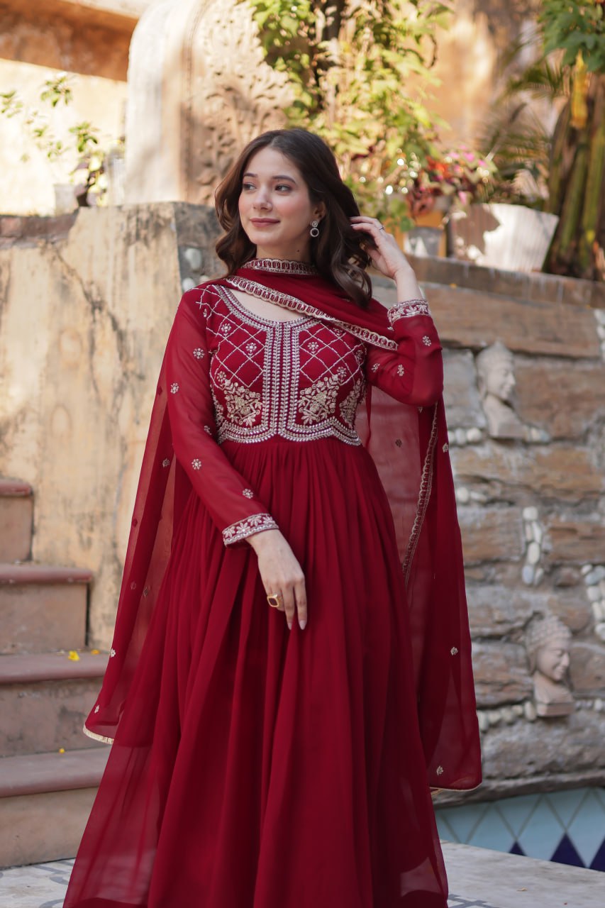 Faux Blooming Gown with Sequins-Multi And Beads Embroidered Work
