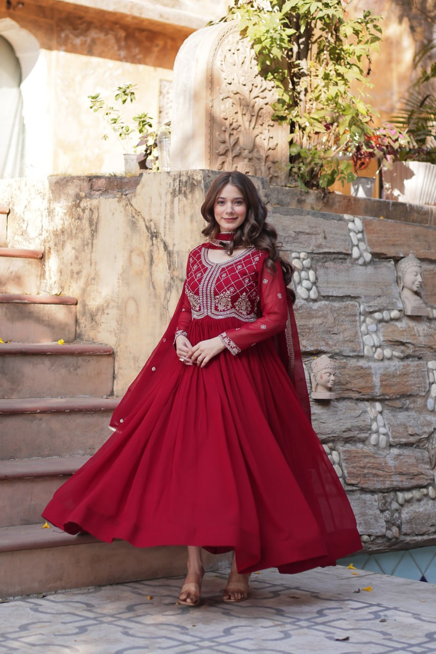 Faux Blooming Gown with Sequins-Multi And Beads Embroidered Work