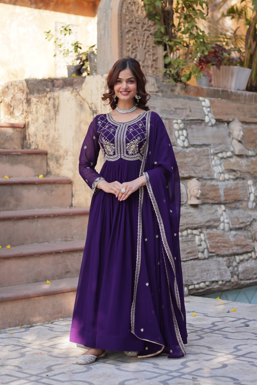 Faux Blooming Gown with Sequins-Multi And Beads Embroidered Work