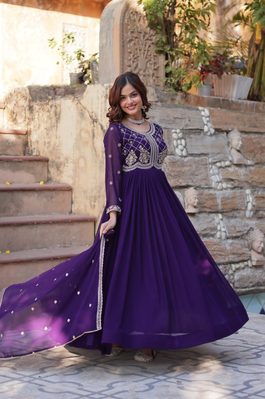 Faux Blooming Gown with Sequins-Multi And Beads Embroidered Work