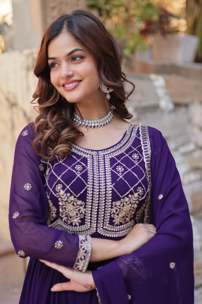Faux Blooming Gown with Sequins-Multi And Beads Embroidered Work
