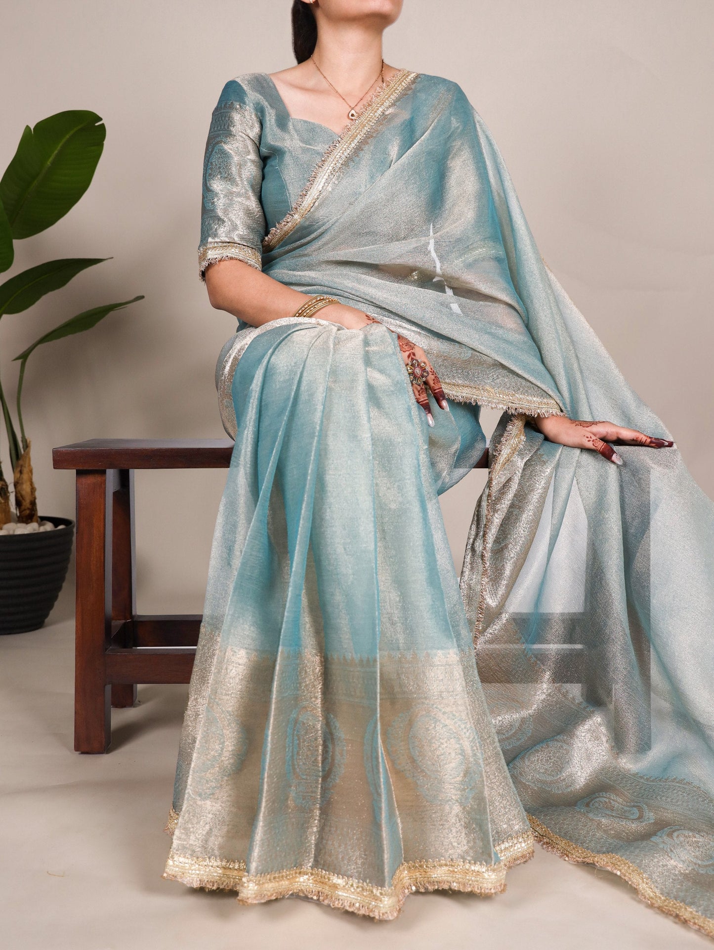 Bollywood Style Fabric Heavy Zari Border Tissue Saree