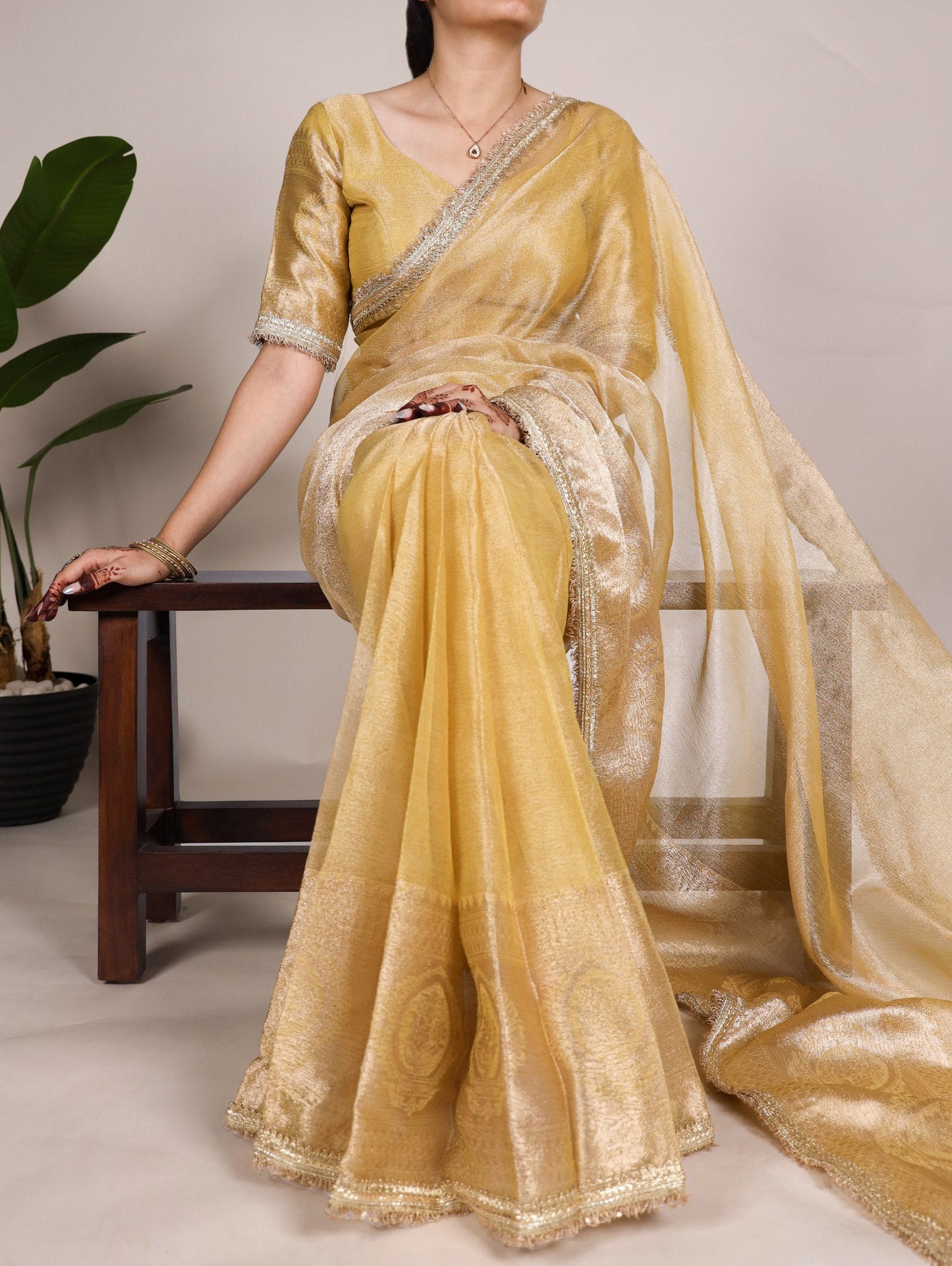 Bollywood Style Fabric Heavy Zari Border Tissue Saree