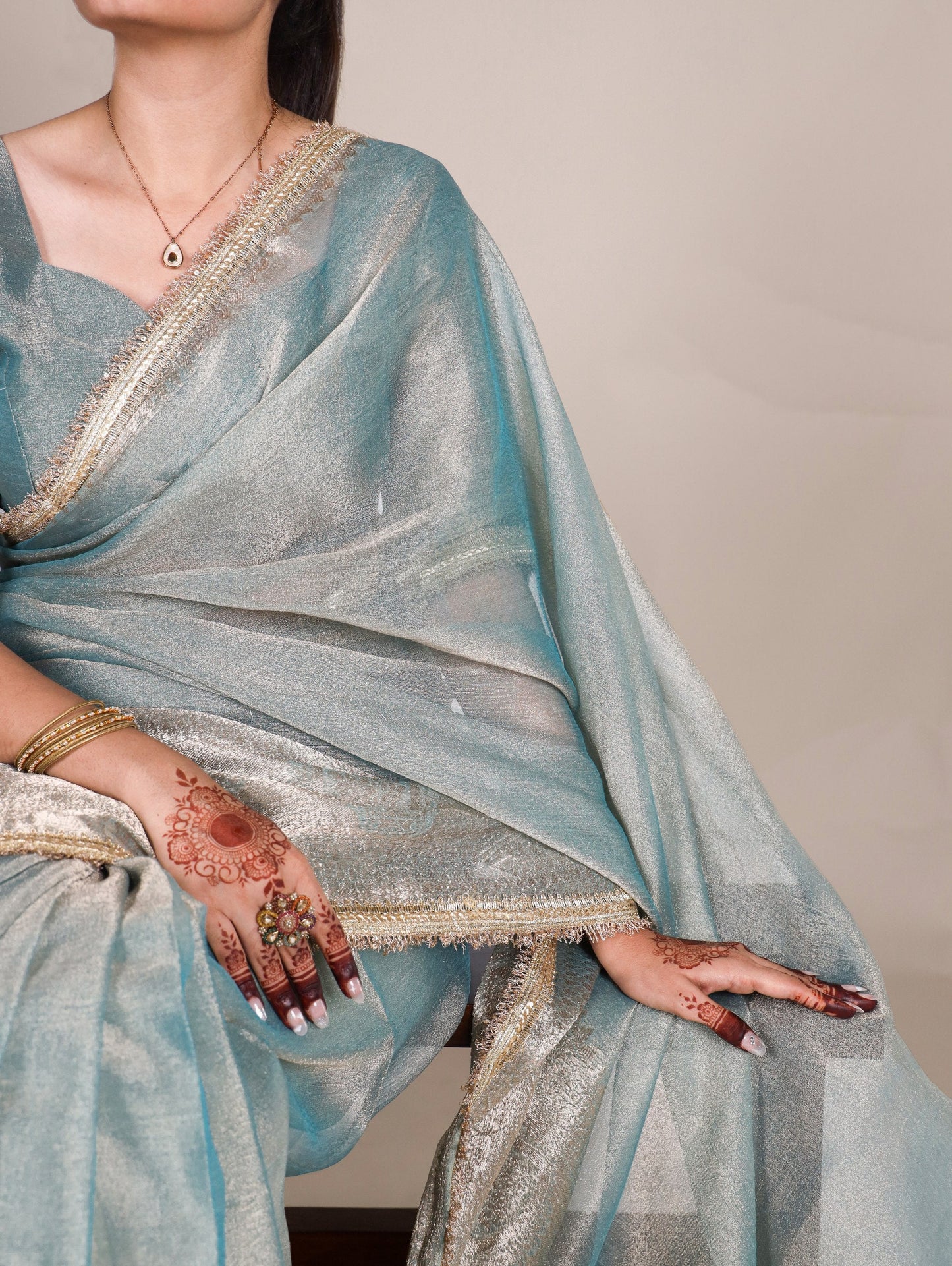Bollywood Style Fabric Heavy Zari Border Tissue Saree