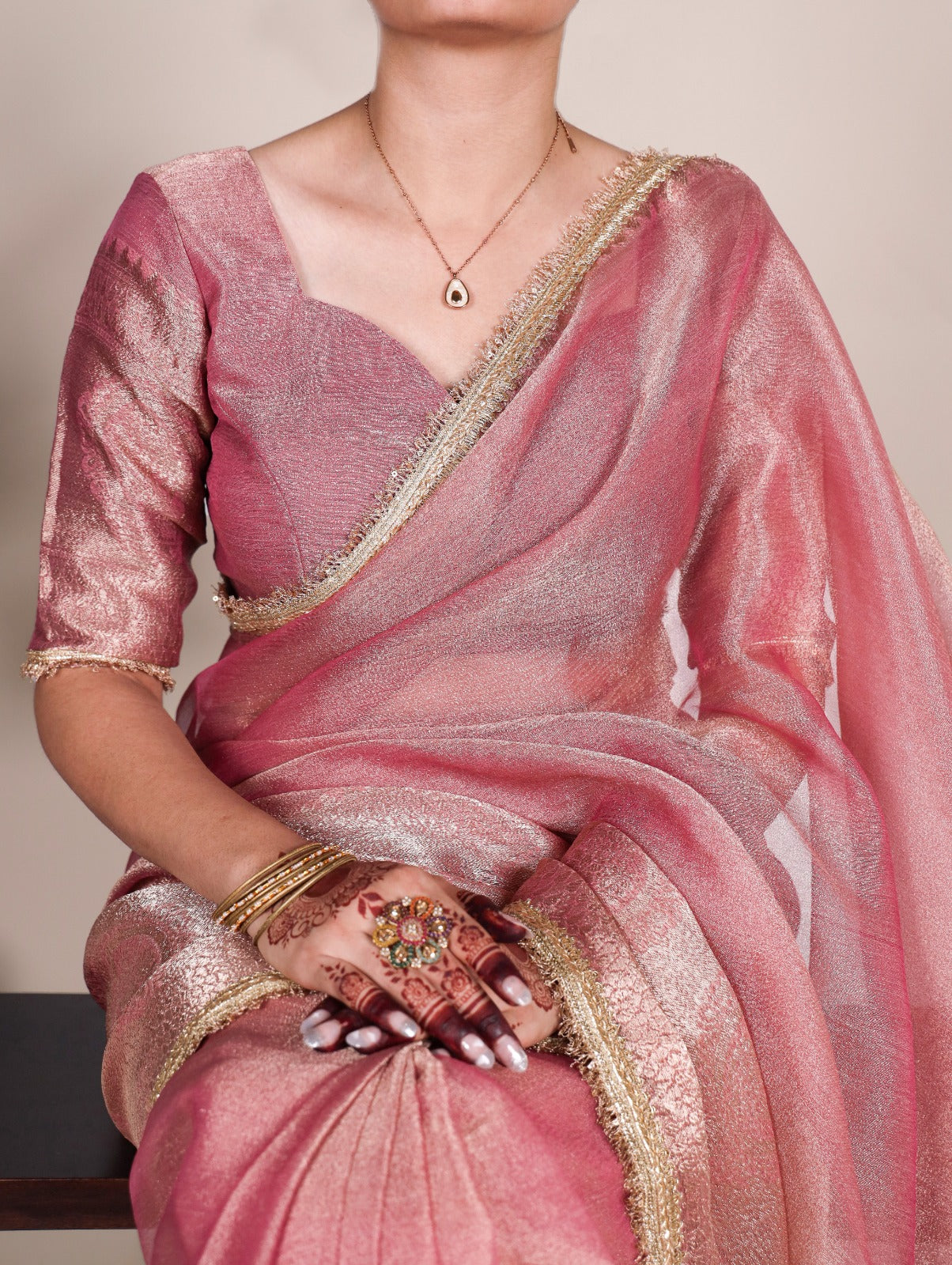 Bollywood Style Fabric Heavy Zari Border Tissue Saree