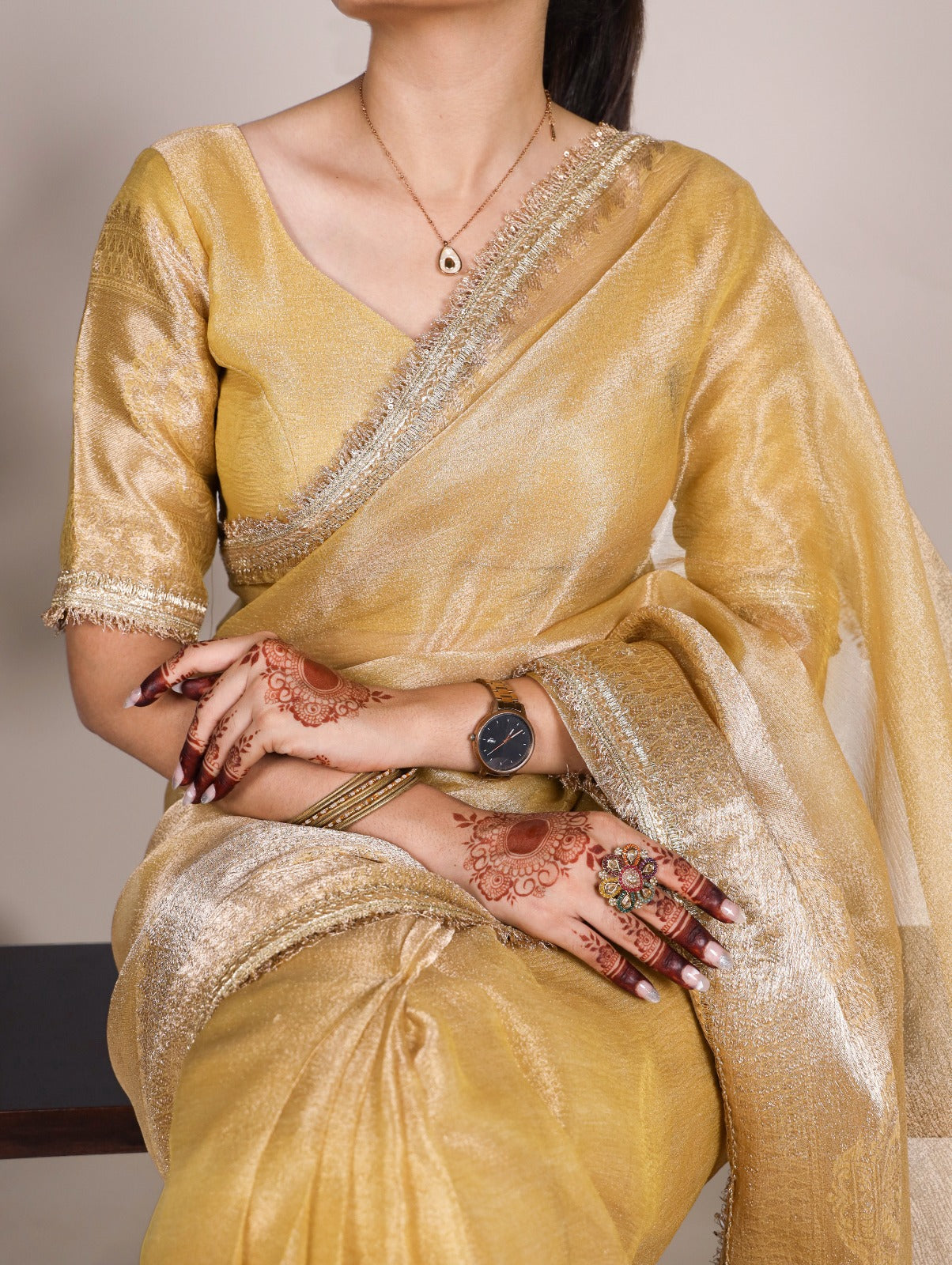Bollywood Style Fabric Heavy Zari Border Tissue Saree
