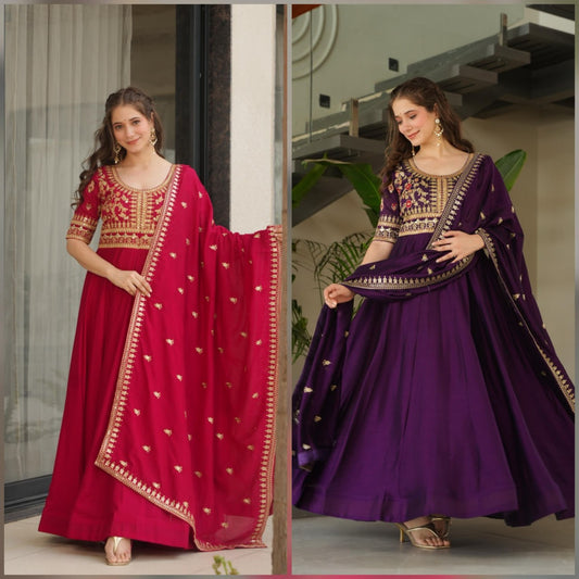 Vichitra Silk With Sequins-Multi & Zari Embroidered Work Gown