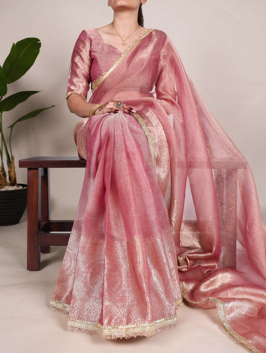 Bollywood Style Fabric Heavy Zari Border Tissue Saree