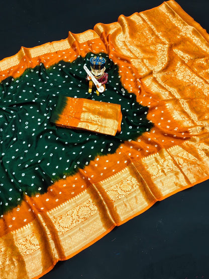 Bandhej Silk with Kanchipuram Jari Border Saree with Blouse Piece