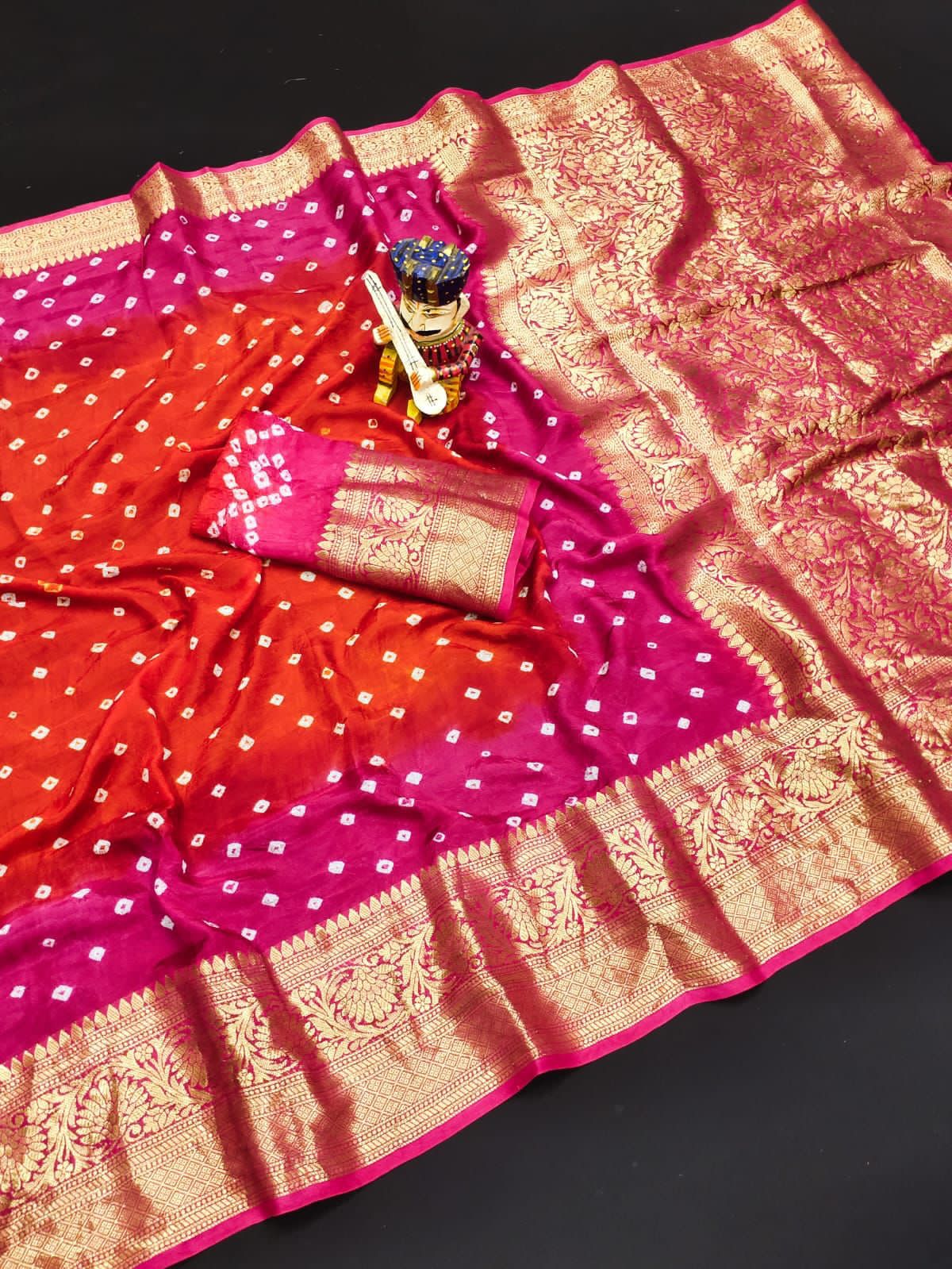 Bandhej Silk with Kanchipuram Jari Border Saree with Blouse Piece