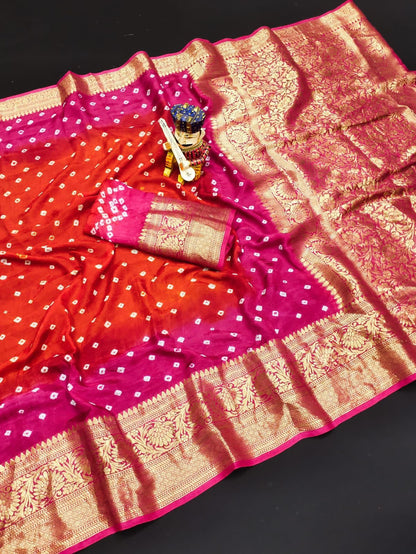 Bandhej Silk with Kanchipuram Jari Border Saree with Blouse Piece