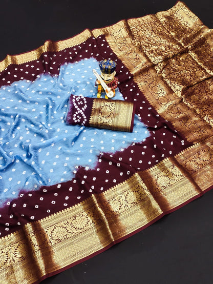 Bandhej Silk with Kanchipuram Jari Border Saree with Blouse Piece