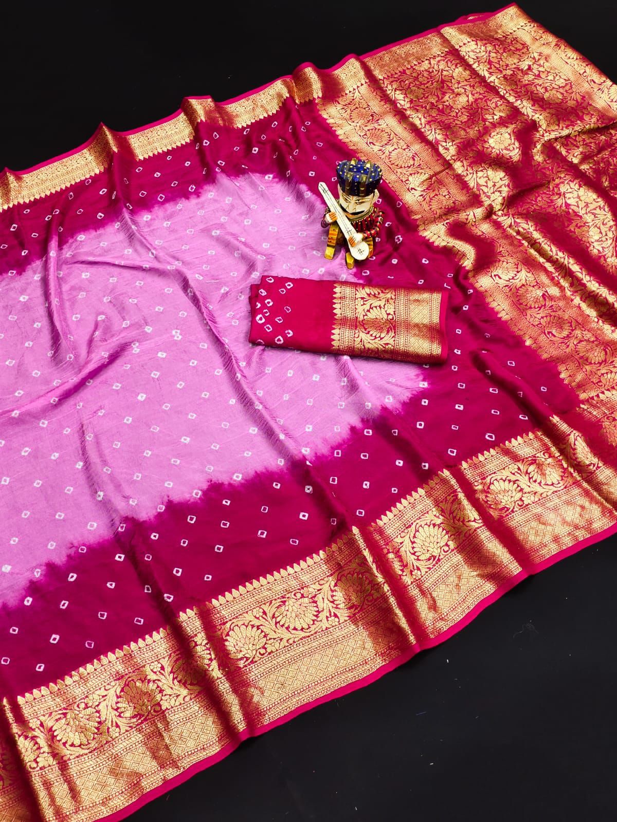 Bandhej Silk with Kanchipuram Jari Border Saree with Blouse Piece
