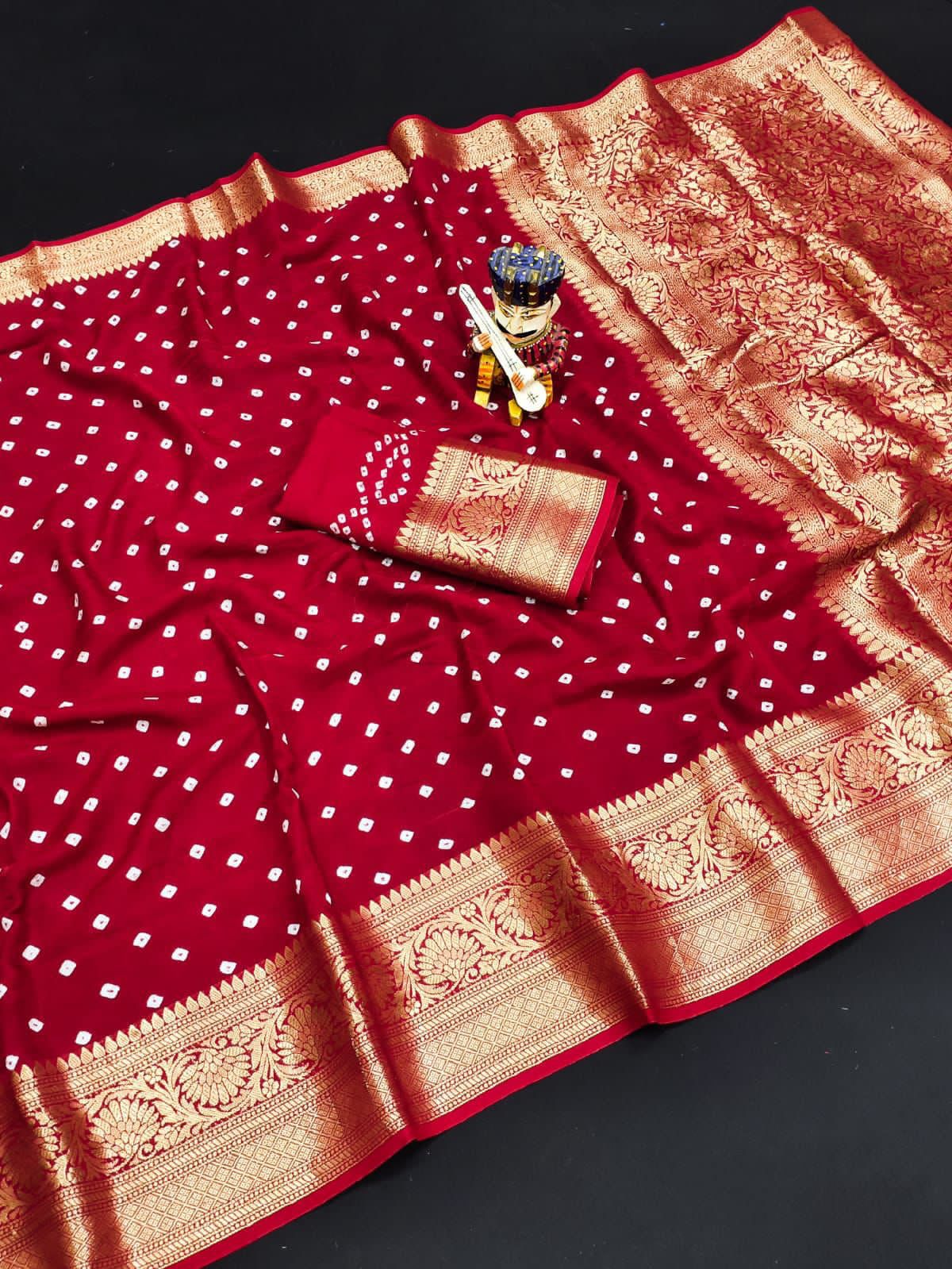 Bandhej Silk with Kanchipuram Jari Border Saree with Blouse Piece