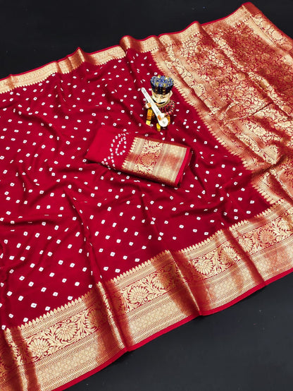 Bandhej Silk with Kanchipuram Jari Border Saree with Blouse Piece