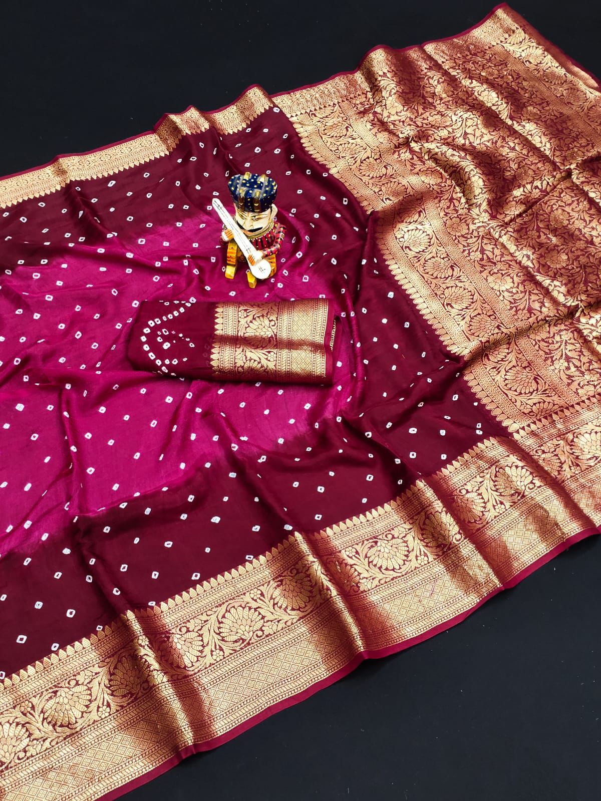 Bandhej Silk with Kanchipuram Jari Border Saree with Blouse Piece