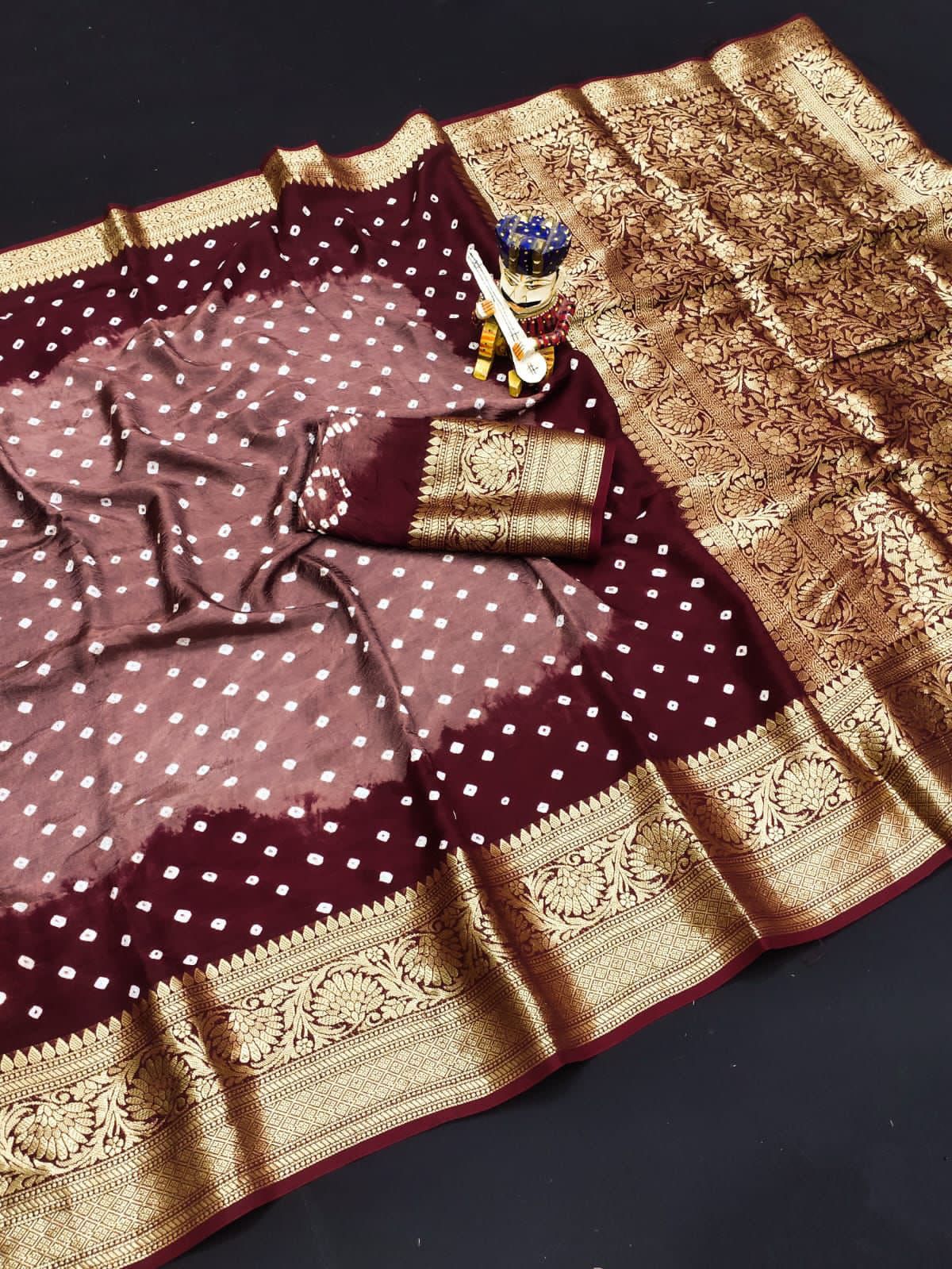 Bandhej Silk with Kanchipuram Jari Border Saree with Blouse Piece