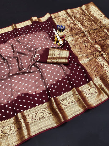 Bandhej Silk with Kanchipuram Jari Border Saree with Blouse Piece