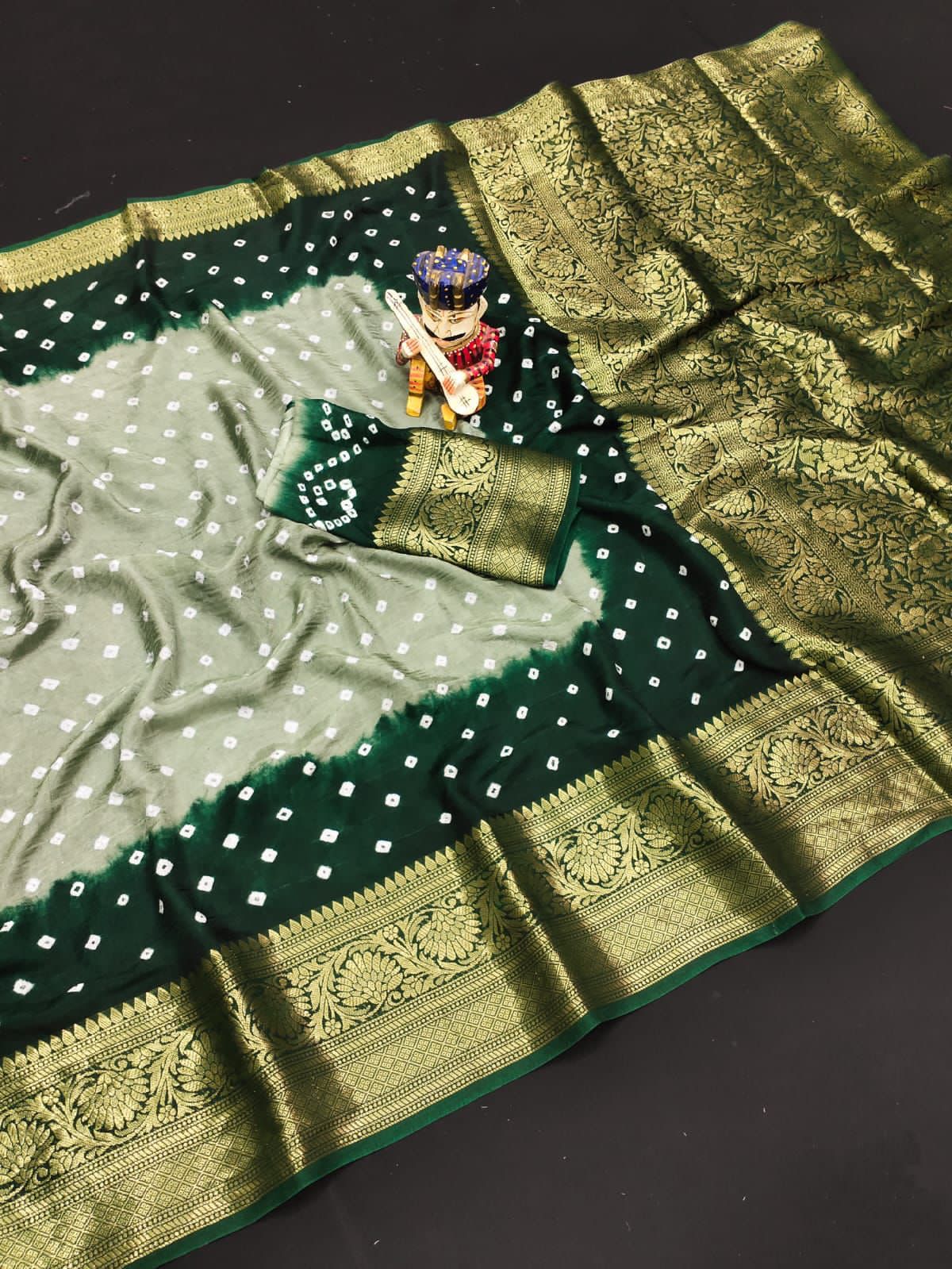 Bandhej Silk with Kanchipuram Jari Border Saree with Blouse Piece