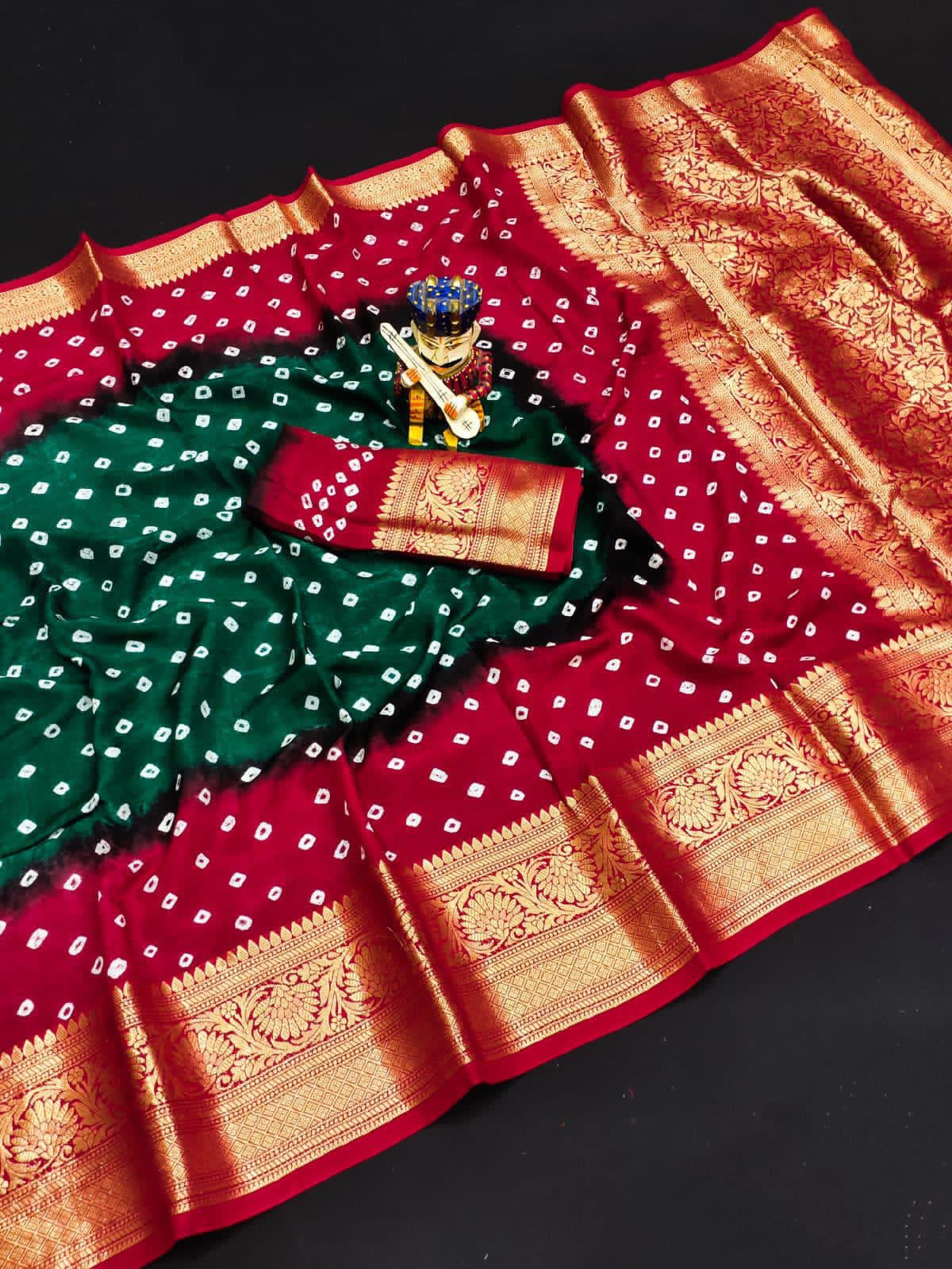 Bandhej Silk with Kanchipuram Jari Border Saree with Blouse Piece