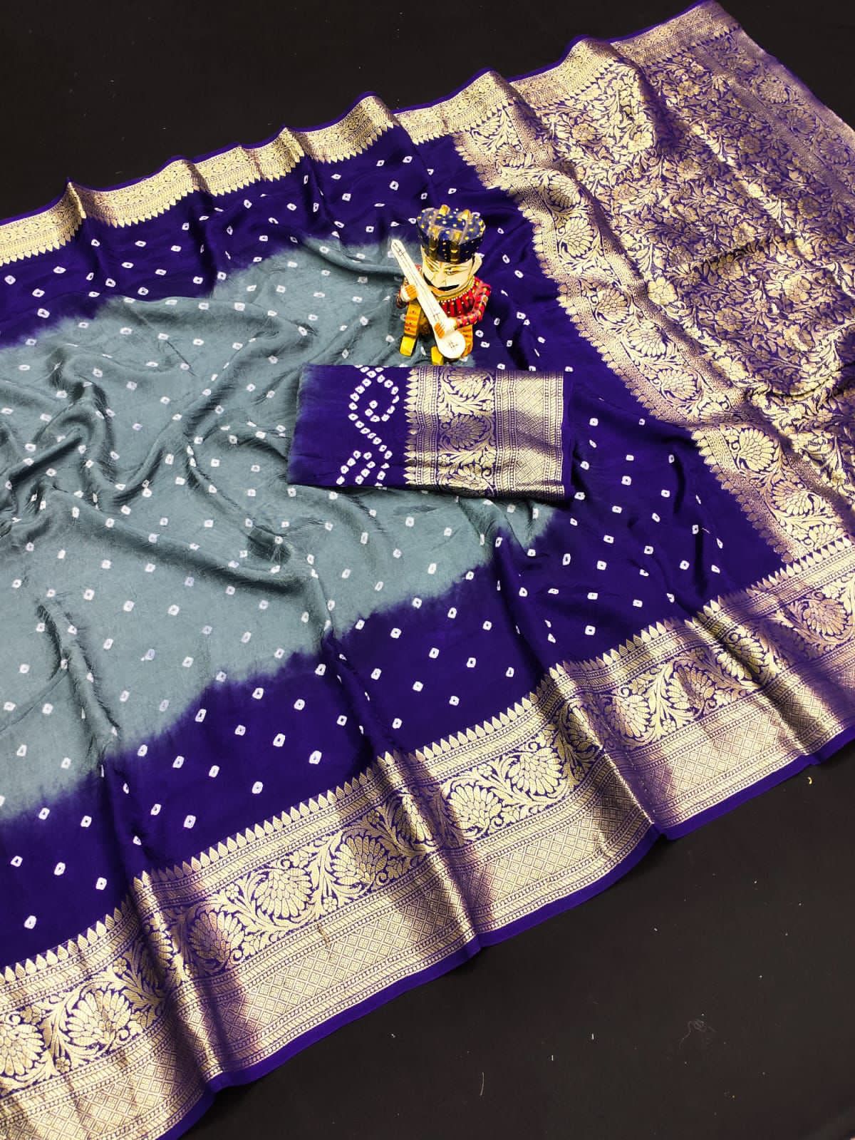Bandhej Silk with Kanchipuram Jari Border Saree with Blouse Piece
