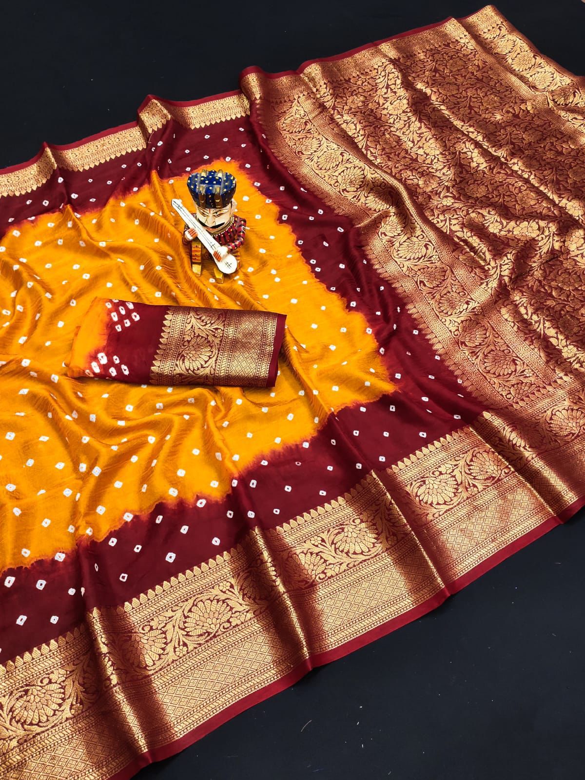Bandhej Silk with Kanchipuram Jari Border Saree with Blouse Piece