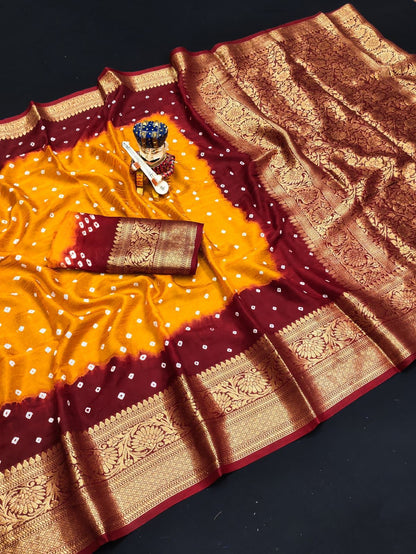 Bandhej Silk with Kanchipuram Jari Border Saree with Blouse Piece