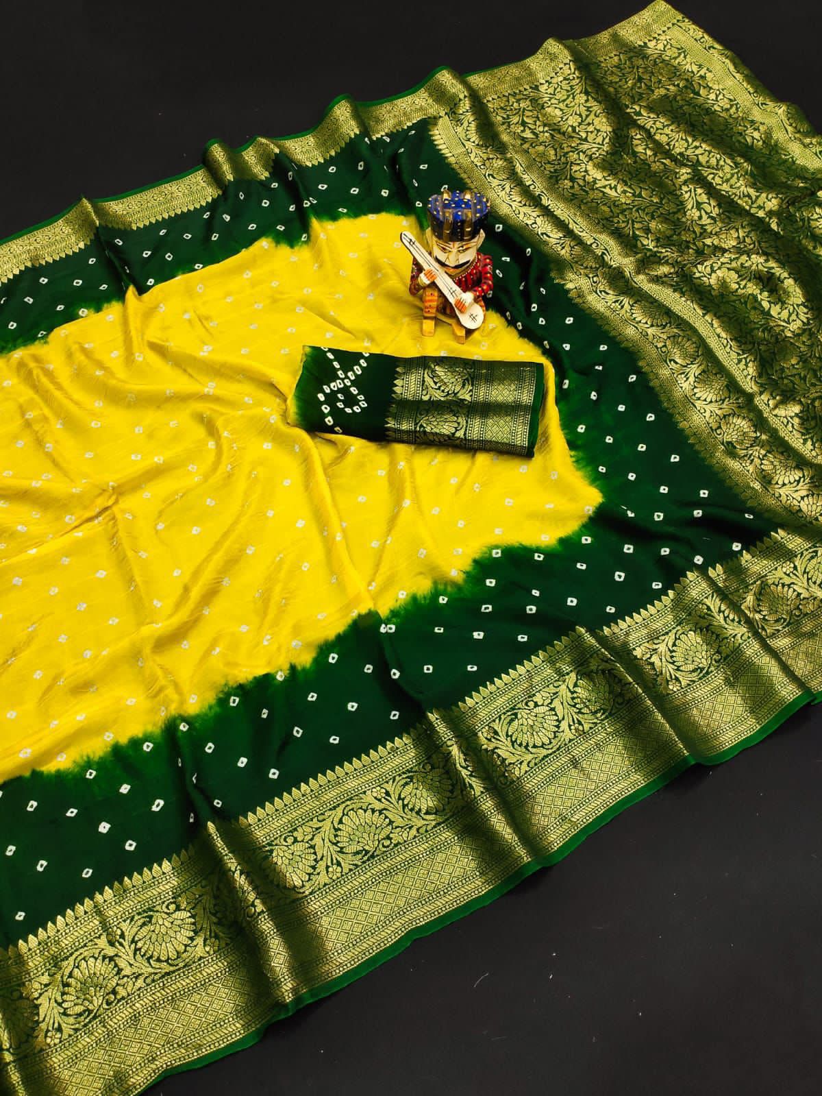 Bandhej Silk with Kanchipuram Jari Border Saree with Blouse Piece