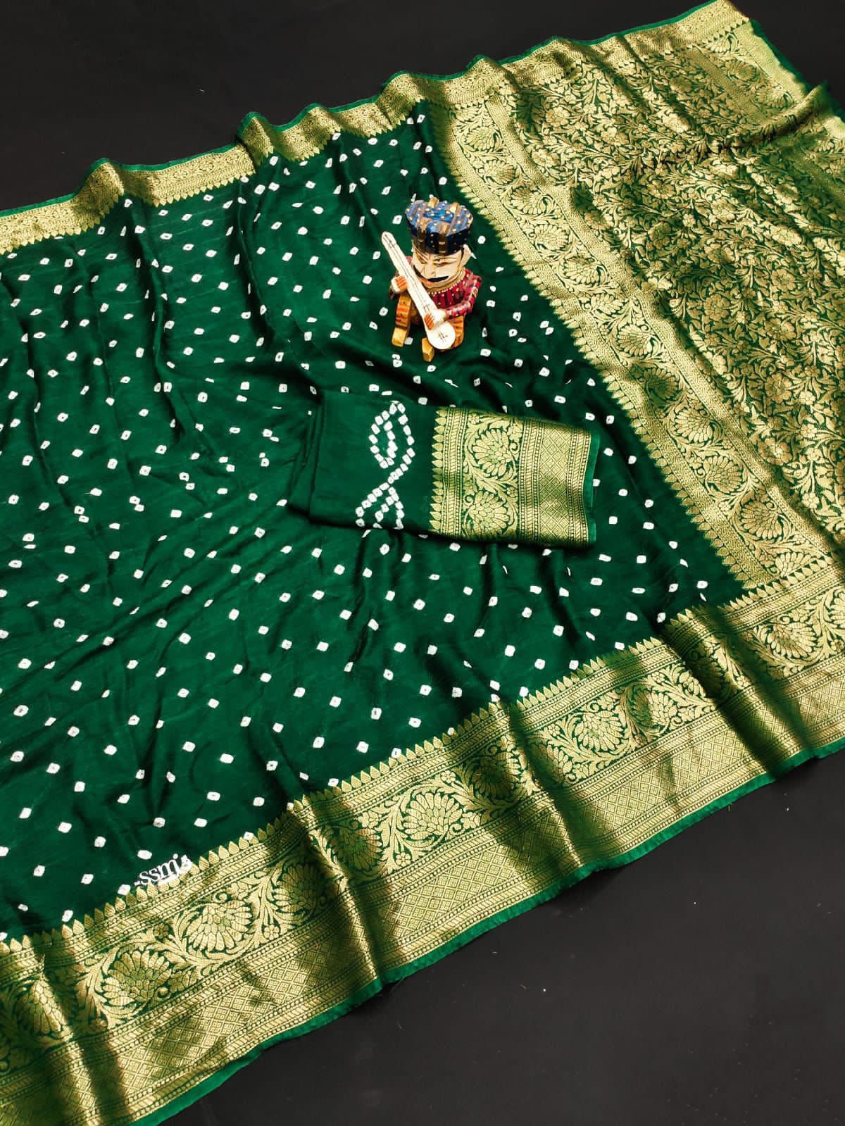 Bandhej Silk with Kanchipuram Jari Border Saree with Blouse Piece