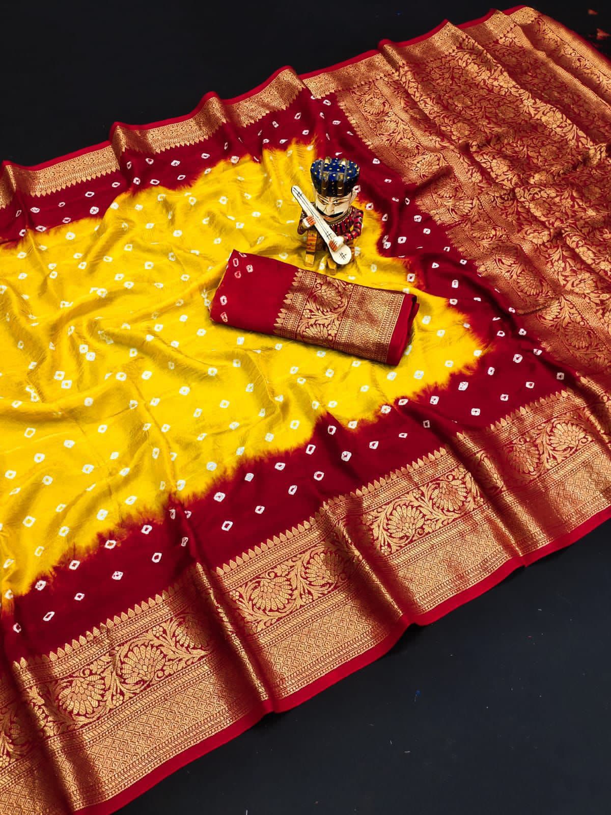 Bandhej Silk with Kanchipuram Jari Border Saree with Blouse Piece