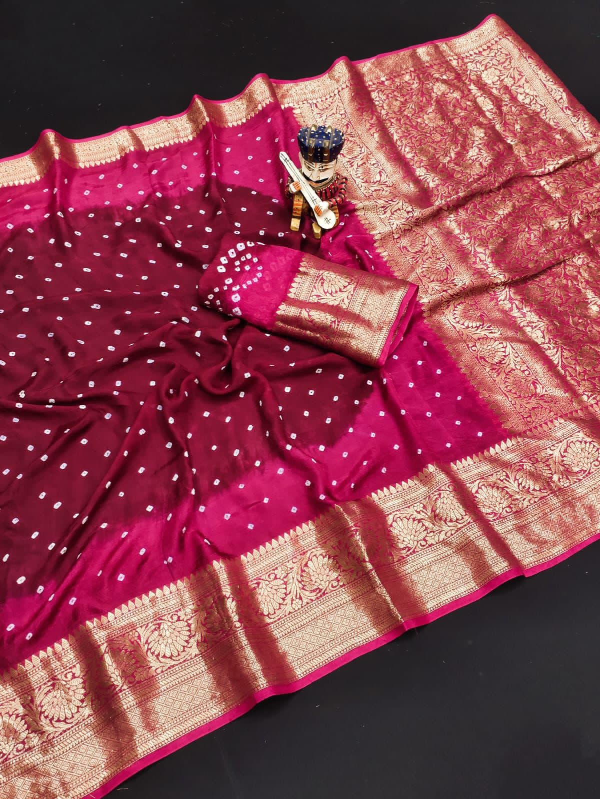 Bandhej Silk with Kanchipuram Jari Border Saree with Blouse Piece