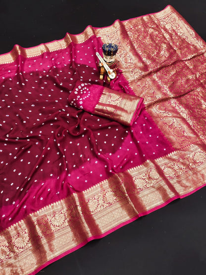 Bandhej Silk with Kanchipuram Jari Border Saree with Blouse Piece