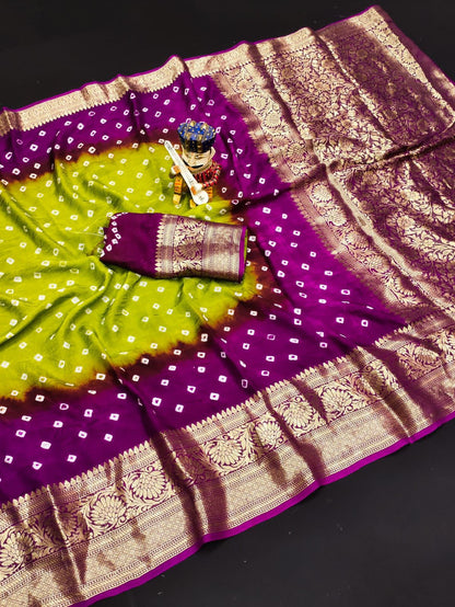 Bandhej Silk with Kanchipuram Jari Border Saree with Blouse Piece