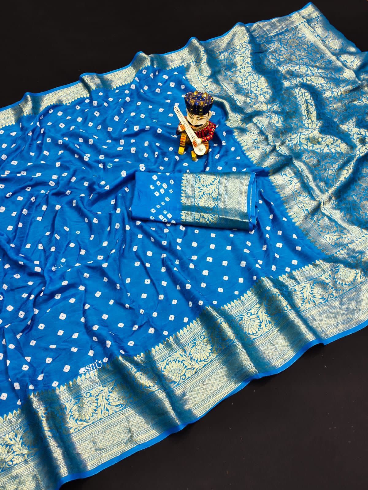 Bandhej Silk with Kanchipuram Jari Border Saree with Blouse Piece