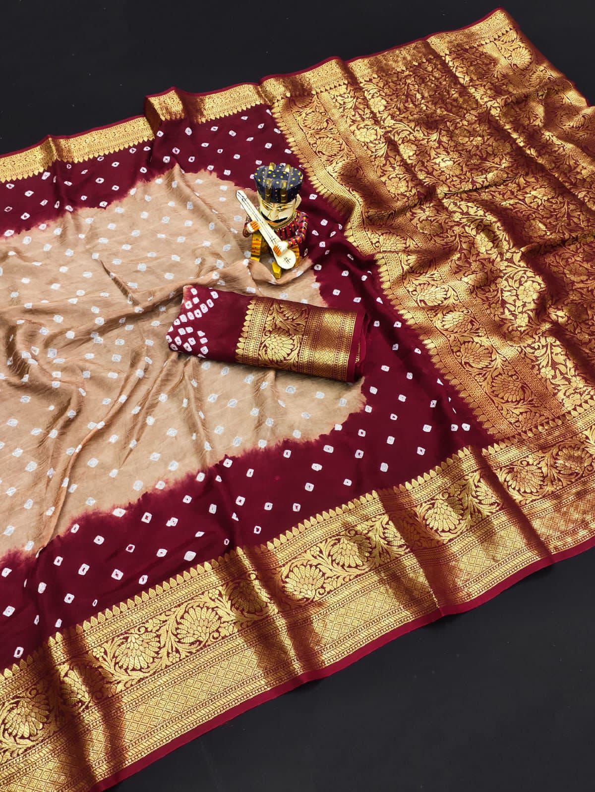 Bandhej Silk with Kanchipuram Jari Border Saree with Blouse Piece