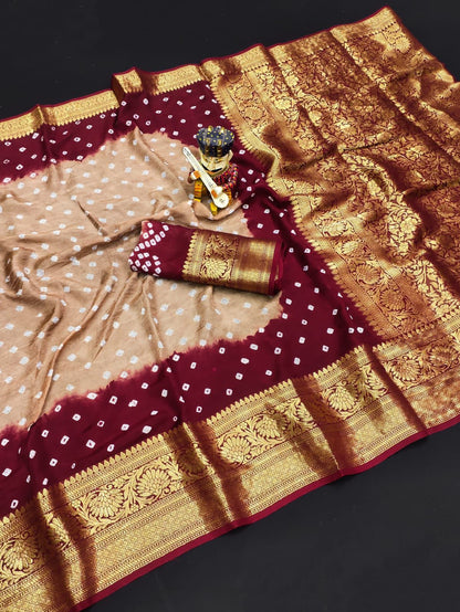 Bandhej Silk with Kanchipuram Jari Border Saree with Blouse Piece