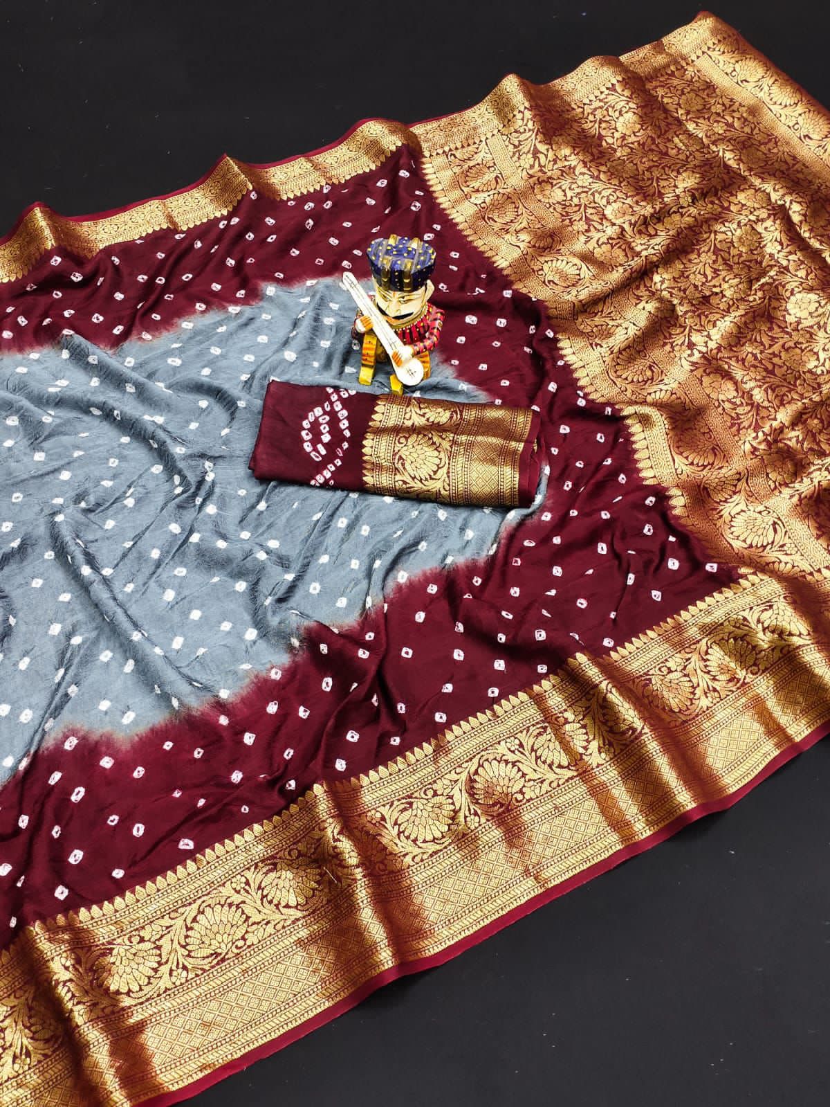 Bandhej Silk with Kanchipuram Jari Border Saree with Blouse Piece