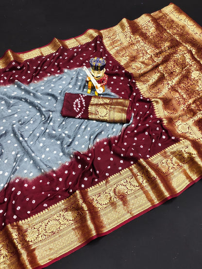 Bandhej Silk with Kanchipuram Jari Border Saree with Blouse Piece