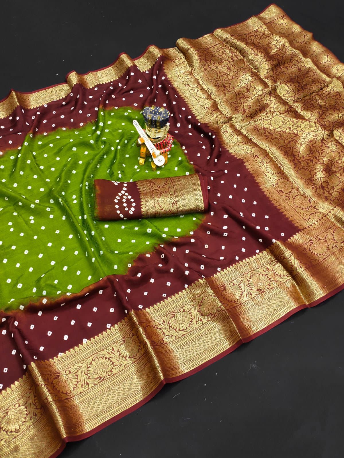 Bandhej Silk with Kanchipuram Jari Border Saree with Blouse Piece